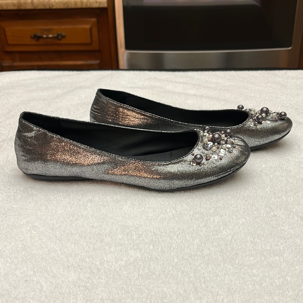 Trend Report Pewter Jewel and Pearl Embellished Flats.  Pewter Metallic Fabric.